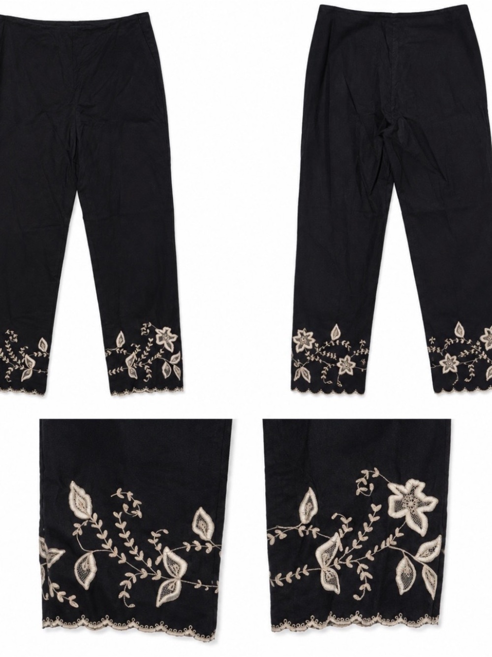 Ann Taylor Black Capri Pants with Cream Floral Embroidery Hem